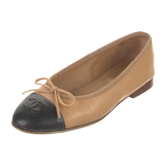 Chanel Vintage Ballerina Leather CC Bow Cap Toe Ballet Flats - Picture 1 of 10